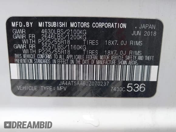 ✅ 2018 Mitsubishi Eclipse Cross SE • VIN: JA4AT5AA6JZ070237 • Lot: 41922238. Listed on IAAI with 82,571 mi. Free auction sales archive from the USA and detailed vehicle history report at DreamBid. Image 9.