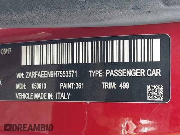 ✅ 2017 Alfa Romeo Giulia Ti • VIN: ZARFAEEN9H7553571 • Lot: 42637939. Listed on IAAI with 75,509 mi. Free auction sales archive from the USA and detailed vehicle history report at DreamBid. Image 9.