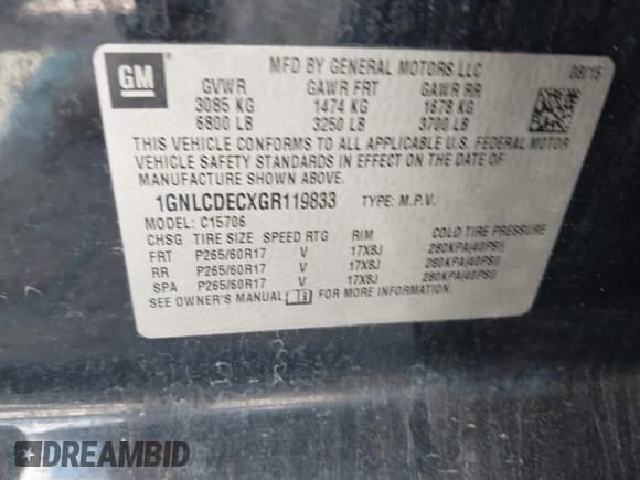 ✅ 2016 Chevrolet Tahoe Commercial • VIN: 1GNLCDECXGR119833 • Lot: 41957527. Listed on IAAI with 248,855 mi. Free auction sales archive from the USA and detailed vehicle history report at DreamBid. Image 9.