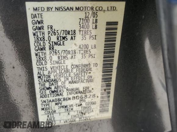 ✅ 2006 Infiniti QX56 • VIN: 5N3AA08C86N806828 • Lot: 50319815. Listed on Copart with 175,292 mi. Free auction sales archive from the USA and detailed vehicle history report at DreamBid. Image 15.