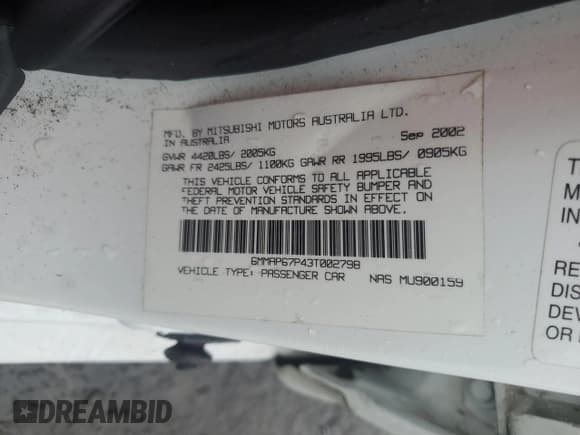 ✅ 2003 Mitsubishi Diamante LS • VIN: 6MMAP67P43T002798 • Lot: 80368974. Wystawiony na Copart z przebiegiem 134 099 mil. Bezpłatny archiwum sprzedaży aukcyjnych z USA i szczegółowy raport historii pojazdu na DreamBid. Zdjęcie 12.