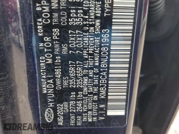 ✅ 2022 Hyundai Tucson Blue • VIN: KM8JBCA18NU081963 • Lot: 55094364. Wystawiony na Copart z przebiegiem 32 979 mil. Bezpłatny archiwum sprzedaży aukcyjnych z USA i szczegółowy raport historii pojazdu na DreamBid. Zdjęcie 14.