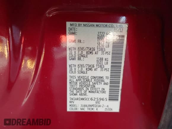 ✅ 2012 Nissan Pathfinder S • VIN: 5N1AR1NN5CC625965 • Lot: 43664317. Listed on IAAI with 226,020 mi. Free auction sales archive from the USA and detailed vehicle history report at DreamBid. Image 9.