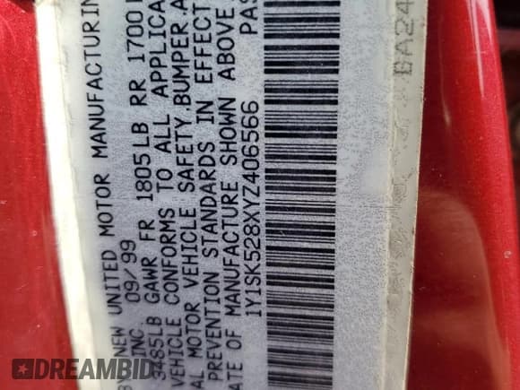 ✅ 2000 Chevrolet Prizm • VIN: 1Y1SK528XYZ406566 • Lot: 65529525. Listed on Copart with 99,870 mi. Free auction sales archive from the USA and detailed vehicle history report at DreamBid. Image 13.