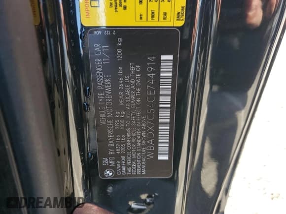 ✅ 2012 BMW 3 Series 335i • VIN: WBADX7C54CE744914 • Lot: 66766985. Listed on Copart with 250,511 mi. Free auction sales archive from the USA and detailed vehicle history report at DreamBid. Image 12.