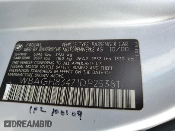 ✅ 2001 BMW 7 Series 740iL • VIN: WBAGH83471DP25381 • Lot: 82476994. Listed on Copart with 236,876 mi. Free auction sales archive from the USA and detailed vehicle history report at DreamBid. Image 12.