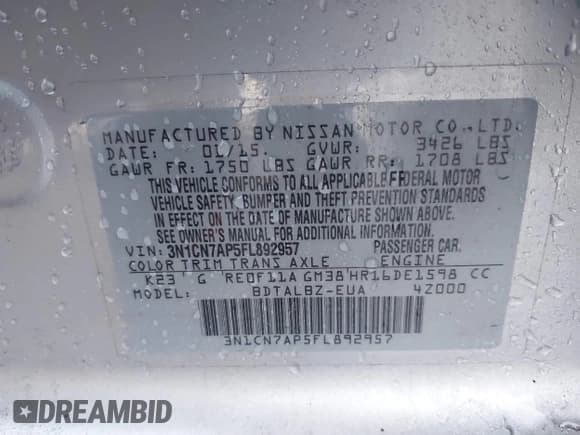 ✅ 2015 Nissan Versa S Plus • VIN: 3N1CN7AP5FL892957 • Лот: 43747473. Опубликован ранее на IAAI с пробегом 81 392 миль. Бесплатный доступ к архиву аукционных продаж из США и подробный отчёт об истории автомобиля на DreamBid. Изображение 9.