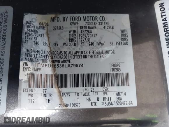 ✅ 2006 Ford Expedition Eddie Bauer • VIN: 1FMFU18536LA79574 • Lot: 41716626. Listed on IAAI with 330,455 mi. Free auction sales archive from the USA and detailed vehicle history report at DreamBid. Image 9.