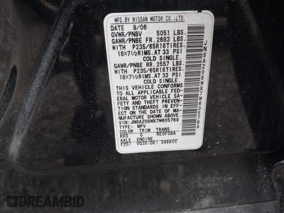 ✅ 2007 Nissan Murano S • VIN: JN8AZ08WX7W605769 • Lot: 42737948. Listed on IAAI with Not provided. Free auction sales archive from the USA and detailed vehicle history report at DreamBid. Image 9.