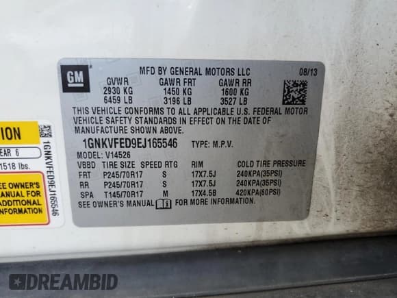 ✅ 2014 Chevrolet Traverse LS • VIN: 1GNKVFED9EJ165546 • Lot: 74195714. Wystawiony na Copart z przebiegiem 159 278 mil. Bezpłatny archiwum sprzedaży aukcyjnych z USA i szczegółowy raport historii pojazdu na DreamBid. Zdjęcie 13.