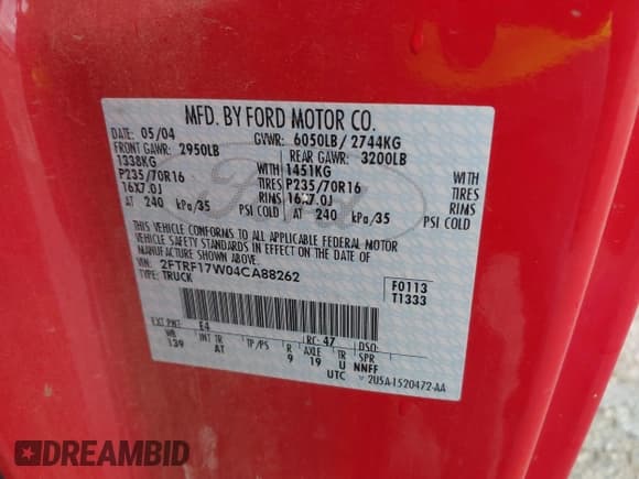 ✅ 2004 Ford F-150 XL • VIN: 2FTRF17W04CA88262 • Lot: 42312475. Wystawiony na IAAI z przebiegiem 84 272 mil. Bezpłatny archiwum sprzedaży aukcyjnych z USA i szczegółowy raport historii pojazdu na DreamBid. Zdjęcie 9.