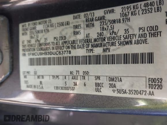 ✅ 2013 Ford Escape SEL • VIN: 1FMCU9H93DUC63778 • Lot: 43889430. Listed on IAAI with 196,238 mi. Free auction sales archive from the USA and detailed vehicle history report at DreamBid. Image 9.