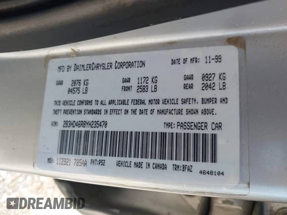 2000 Dodge Intrepid with VIN 2B3HD46R8YH235470, listed as a IAAI auction lot 43051819 with 130,382 mi miles and . Bid and sale history available at DreamBid. Image 9.