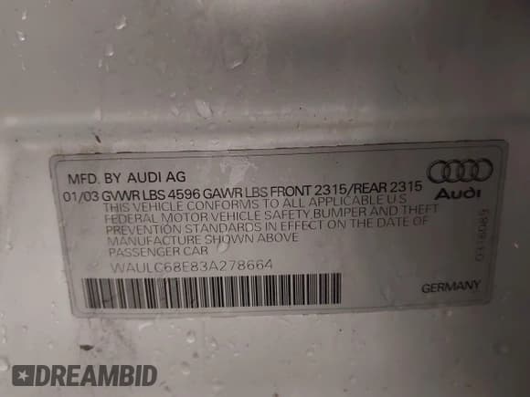 ✅ 2003 Audi A4 1.8T • VIN: WAULC68E83A278664 • Лот: 41941005. Опубликован ранее на IAAI с пробегом 146 030 миль. Бесплатный доступ к архиву аукционных продаж из США и подробный отчёт об истории автомобиля на DreamBid. Изображение 9.