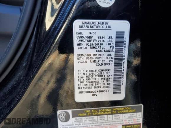 ✅ 2007 Infiniti FX • VIN: JNRBS08W27X400395 • Лот: 90846015. Опубликован ранее на Copart с пробегом Не указан. Бесплатный доступ к архиву аукционных продаж из США и подробный отчёт об истории автомобиля на DreamBid. Изображение 13.