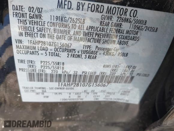 ✅ 2007 Ford Five Hundred Limited • VIN: 1FAHP28107G156067 • Лот: 41171880. Опубликован ранее на IAAI с пробегом 139 673 миль. Бесплатный доступ к архиву аукционных продаж из США и подробный отчёт об истории автомобиля на DreamBid. Изображение 9.