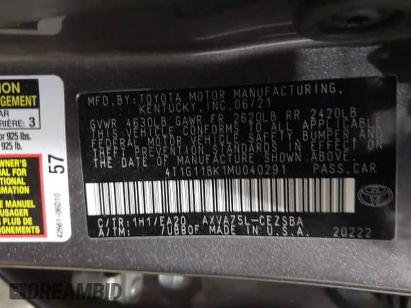 2021 Toyota Camry SE with VIN 4T1G11BK1MU040291, listed as a IAAI auction lot 42707325 with 39,267 mi miles and . Bid and sale history available at DreamBid. Image 9.