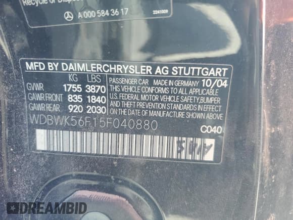 ✅ 2005 Mercedes-Benz SLK 230/320 • VIN: WDBWK56F15F040880 • Лот: 76251844. Опубликован ранее на Copart с пробегом 51 702 миль. Бесплатный доступ к архиву аукционных продаж из США и подробный отчёт об истории автомобиля на DreamBid. Изображение 13.