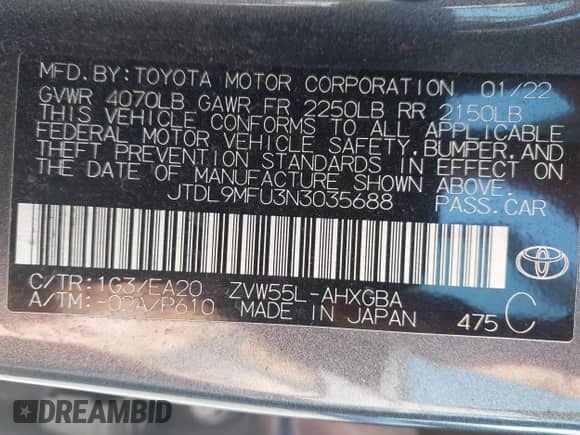 2022 Toyota Prius XLE z VIN JTDL9MFU3N3035688, wystawiony jako IAAI lot #43086721 z przebiegiem 125 115 mil mil oraz . Historia ofert i sprzedaży dostępna na DreamBid. Obrazek 9.