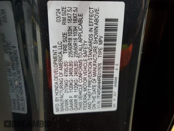 ✅ 2024 Honda CR-V EX • VIN: 7FARS4H44RE017676 • Lot: 68517234. Listed on Copart with 7,887 mi. Free auction sales archive from the USA and detailed vehicle history report at DreamBid. Image 12.