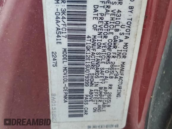 ✅ 1995 Toyota Camry LE • VIN: 4T1GK12E1SU079399 • Lot: 69248575. Wystawiony na Copart z przebiegiem 268 258 mil. Bezpłatny archiwum sprzedaży aukcyjnych z USA i szczegółowy raport historii pojazdu na DreamBid. Zdjęcie 12.