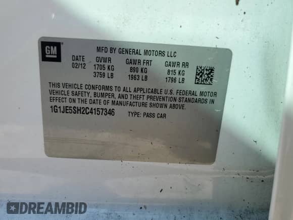 2012 Chevrolet Sonic LTZ with VIN 1G1JE5SH2C4157346, listed as a Copart auction lot 75705184 with Not provided miles and Salvage title. Bid and sale history available at DreamBid. Image 12.