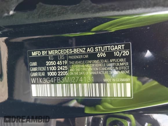 ✅ 2021 Mercedes-Benz A 220 • VIN: W1K3G4FB3MJ274131 • Lot: 42203870. Listed on IAAI with 61,964 mi. Free auction sales archive from the USA and detailed vehicle history report at DreamBid. Image 9.