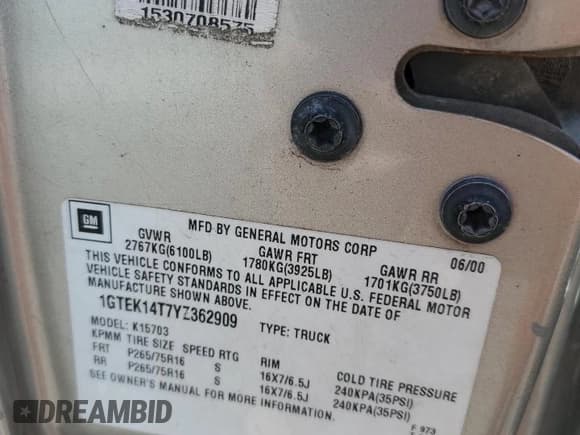 ✅ 2000 GMC Sierra 1500 SLE • VIN: 1GTEK14T7YZ362909 • Лот: 46817805. Опубликован ранее на Copart с пробегом 30 943 миль. Бесплатный доступ к архиву аукционных продаж из США и подробный отчёт об истории автомобиля на DreamBid. Изображение 12.