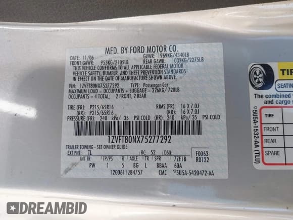 ✅ 2007 Ford Mustang Deluxe • VIN: 1ZVFT80NX75277292 • Lot: 43652705. Listed on IAAI with 216,027 mi. Free auction sales archive from the USA and detailed vehicle history report at DreamBid. Image 9.