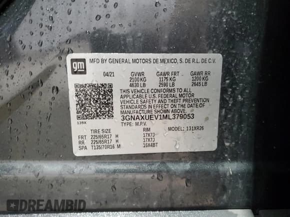 ✅ 2021 Chevrolet Equinox LT • VIN: 3GNAXUEV1ML379053 • Лот: 89853465. Опубликован ранее на Copart с пробегом 73 782 миль. Бесплатный доступ к архиву аукционных продаж из США и подробный отчёт об истории автомобиля на DreamBid. Изображение 13.