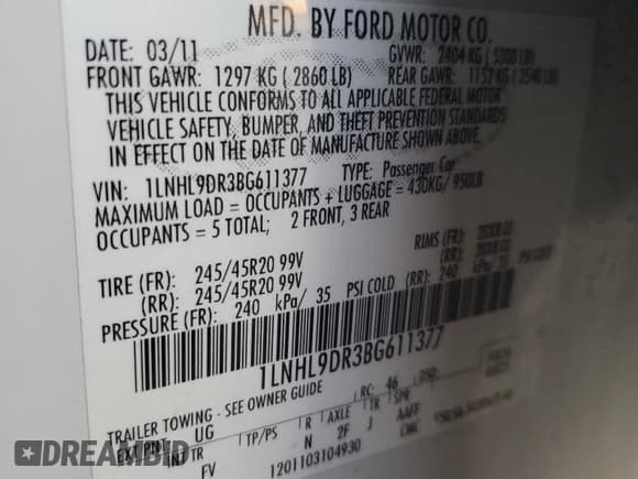 ✅ 2011 Lincoln MKS • VIN: 1LNHL9DR3BG611377 • Lot: 86078805. Listed on Copart with 171,986 mi. Free auction sales archive from the USA and detailed vehicle history report at DreamBid. Image 12.