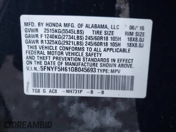 ✅ 2016 Honda Pilot EX-L • VIN: 5FNYF5H61GB045693 • Лот: 41161832. Опубликован ранее на IAAI с пробегом Не указан. Бесплатный доступ к архиву аукционных продаж из США и подробный отчёт об истории автомобиля на DreamBid. Изображение 9.