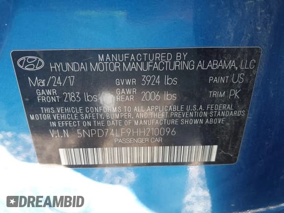 ✅ 2017 Hyundai Elantra SE • VIN: 5NPD74LF9HH210096 • Lot: 43495705. Listed on IAAI with 153,823 mi. Free auction sales archive from the USA and detailed vehicle history report at DreamBid. Image 9.