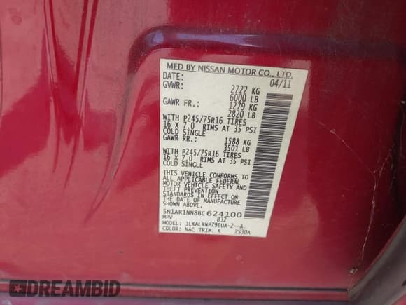 ✅ 2011 Nissan Pathfinder SV • VIN: 5N1AR1NN8BC624100 • Lot: 42959172. Listed on IAAI with 201,685 mi. Free auction sales archive from the USA and detailed vehicle history report at DreamBid. Image 9.