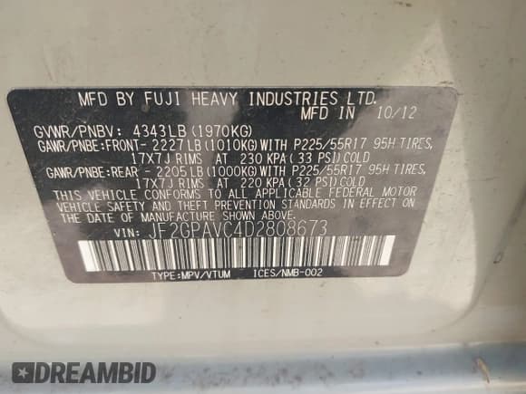 ✅ 2013 Subaru Crosstrek Premium • VIN: JF2GPAVC4D2808673 • Lot: 42095280. Listed on IAAI with 109,897 mi. Free auction sales archive from the USA and detailed vehicle history report at DreamBid. Image 9.