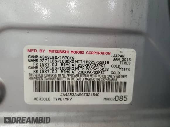 2016 Mitsubishi Outlander ES z VIN JA4AR3AW9GZ024540, wystawiony jako Copart lot #80192235 z przebiegiem 81 018 mil mil oraz Szkoda całkowita • Salvage title. Historia ofert i sprzedaży dostępna na DreamBid. Obrazek 13.