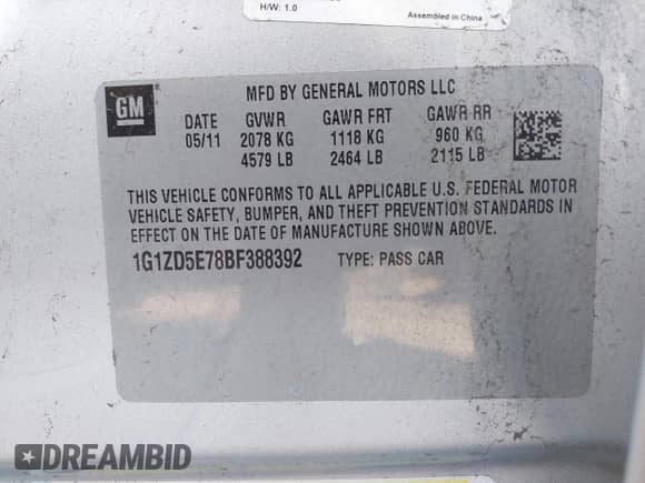 2011 Chevrolet Malibu 2LT z VIN 1G1ZD5E78BF388392, wystawiony jako IAAI lot #41643679 z przebiegiem 177 168 mil mil oraz . Historia ofert i sprzedaży dostępna na DreamBid. Obrazek 9.