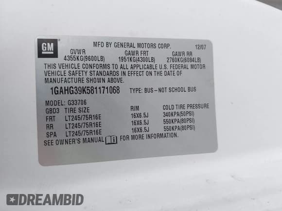 ✅ 2008 Chevrolet Express Passenger • VIN: 1GAHG39K581171068 • Lot: 42530215. Listed on IAAI with 251,871 mi. Free auction sales archive from the USA and detailed vehicle history report at DreamBid. Image 9.