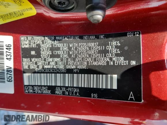 ✅ 2012 Toyota Sienna XLE AAS • VIN: 5TDYK3DC9CS242080 • Lot: 58374845. Listed on Copart with 152,411 mi. Free auction sales archive from the USA and detailed vehicle history report at DreamBid. Image 14.