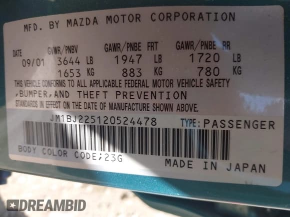 ✅ 2002 Mazda Protege DX • VIN: JM1BJ225120524478 • Lot: 42752160. Listed on IAAI with 193,561 mi. Free auction sales archive from the USA and detailed vehicle history report at DreamBid. Image 9.