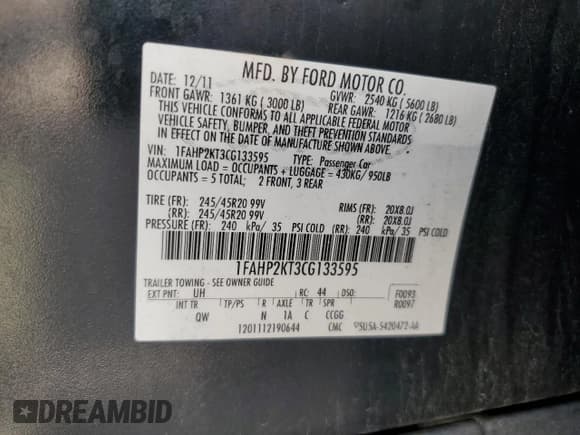 ✅ 2012 Ford Taurus SHO • VIN: 1FAHP2KT3CG133595 • Лот: 68100325. Опубликован ранее на Copart с пробегом 258 412 миль. Бесплатный доступ к архиву аукционных продаж из США и подробный отчёт об истории автомобиля на DreamBid. Изображение 13.