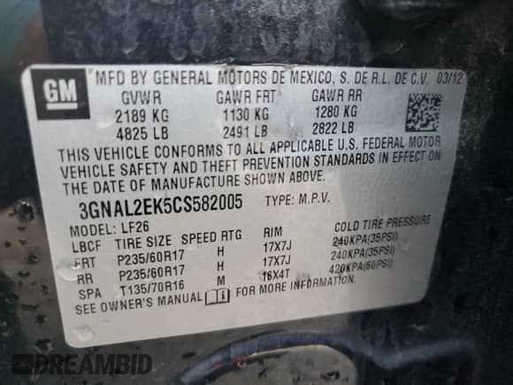 2012 Chevrolet Captiva Sport LS with VIN 3GNAL2EK5CS582005, listed as a Copart auction lot 77845764 with 57,399 mi miles and Salvage title. Bid and sale history available at DreamBid. Image 14.