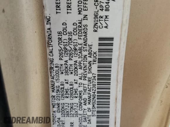 ✅ 2004 Toyota Tacoma PreRunner • VIN: 5TESM92N84Z387347 • Лот: 50037625. Опубликован ранее на Copart с пробегом 170 910 миль. Бесплатный доступ к архиву аукционных продаж из США и подробный отчёт об истории автомобиля на DreamBid. Изображение 13.