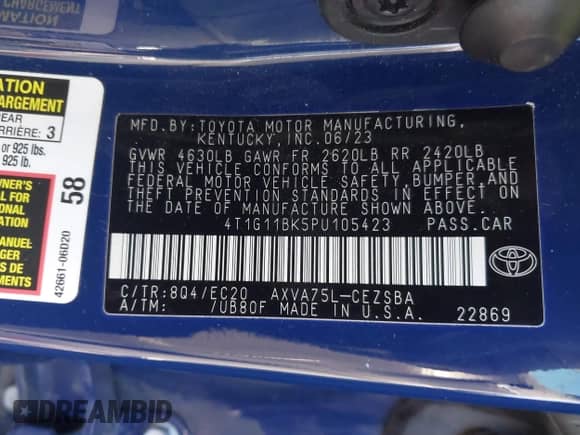 2023 Toyota Camry SE with VIN 4T1G11BK5PU105423, listed as a IAAI auction lot 41414587 with 38,527 mi miles and . Bid and sale history available at DreamBid. Image 9.