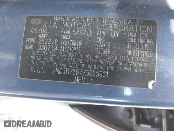 ✅ 2007 Kia Sorento LX • VIN: KNDJD736775665931 • Lot: 42471301. Listed on IAAI with 119,870 mi. Free auction sales archive from the USA and detailed vehicle history report at DreamBid. Image 9.