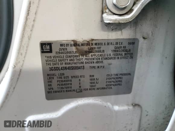 2008 Saturn VUE XE с VIN 3GSDL43N48S689413, выставлен на аукционе Copart как лот 42183425 с пробегом 126 257 миль миль и Списание • Salvage title. История ставок и продаж доступна на DreamBid. Изображение 15.