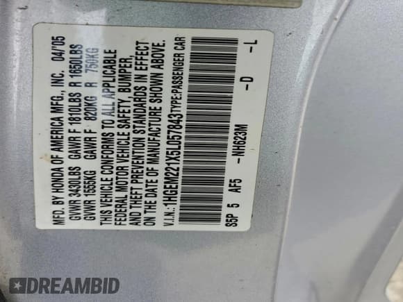 ✅ 2005 Honda Civic VP • VIN: 1HGEM221X5L057843 • Lot: 95028815. Wystawiony na Copart z przebiegiem 249 621 mil. Bezpłatny archiwum sprzedaży aukcyjnych z USA i szczegółowy raport historii pojazdu na DreamBid. Zdjęcie 12.