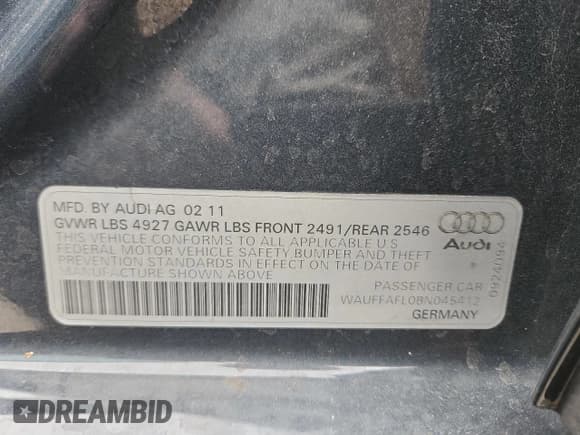 ✅ 2011 Audi A4 Premium Plus • VIN: WAUFFAFL0BN045412 • Lot: 91974375. Listed on Copart with 133,076 mi. Free auction sales archive from the USA and detailed vehicle history report at DreamBid. Image 12.