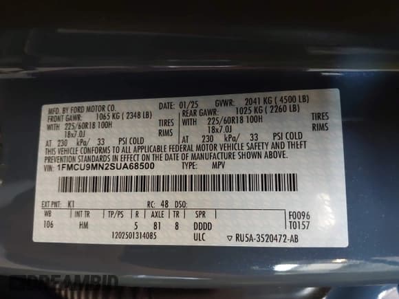 ✅ 2025 Ford Escape ST-Line • VIN: 1FMCU9MN2SUA68500 • Lot: 42251895. Listed on IAAI with 1,361 mi. Free auction sales archive from the USA and detailed vehicle history report at DreamBid. Image 9.