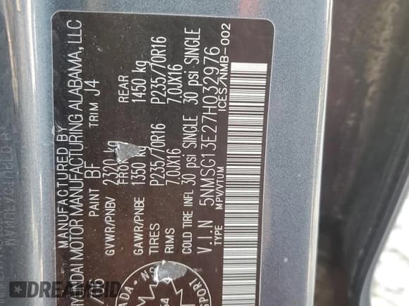 ✅ 2007 Hyundai Santa Fe GL 5Pass • VIN: 5NMSG13E27H032976 • Lot: 60445465. Listed on Copart with 176,284 mi. Free auction sales archive from the USA and detailed vehicle history report at DreamBid. Image 13.